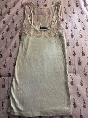 American Eagle Outfitters Cream Lace-Trim Racerback Tank Top